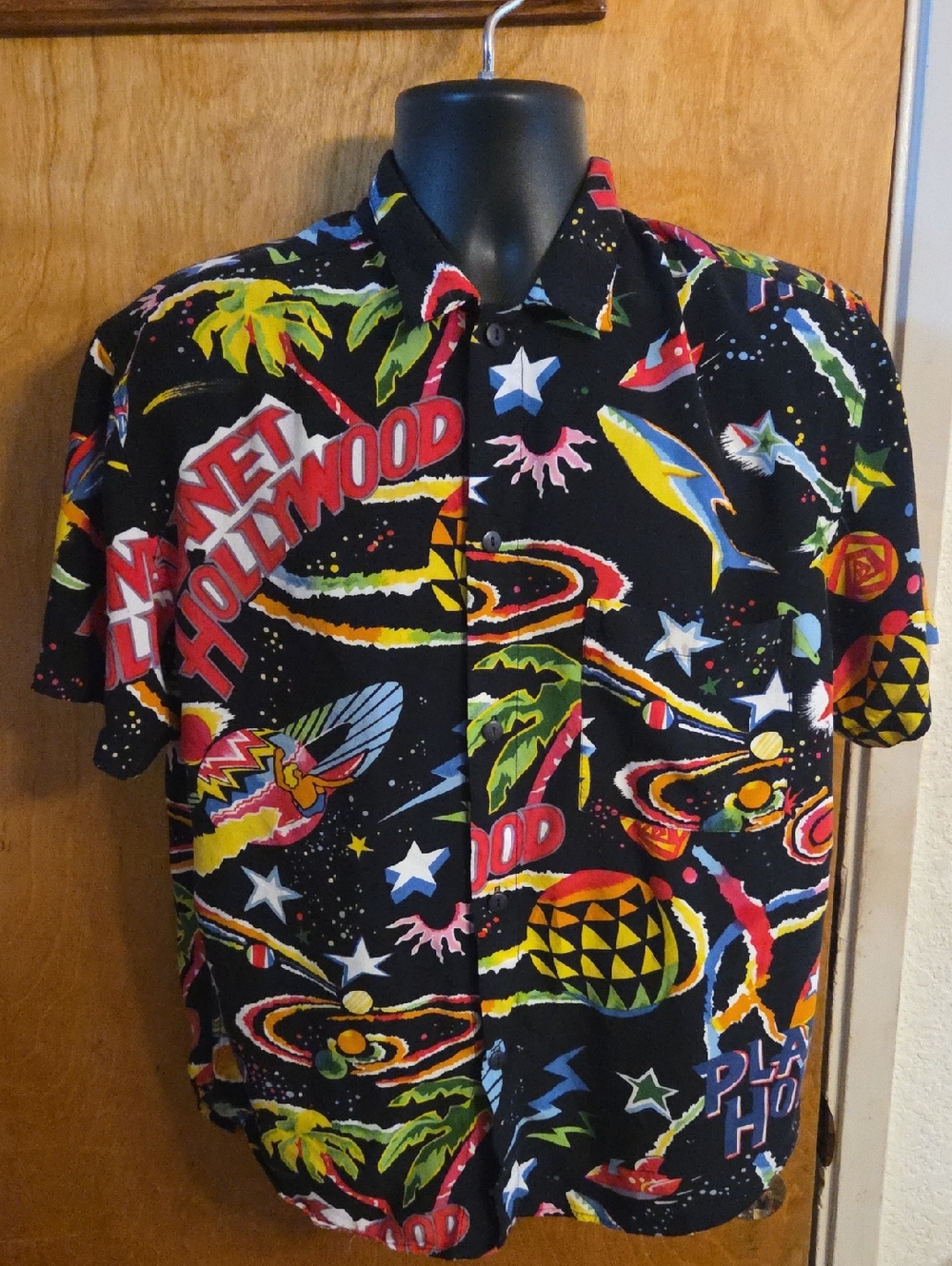 VTG 90s Planet Hollywood Cancun Space Neon Aloha Hawaiian Shirt Sz Med Rainbow